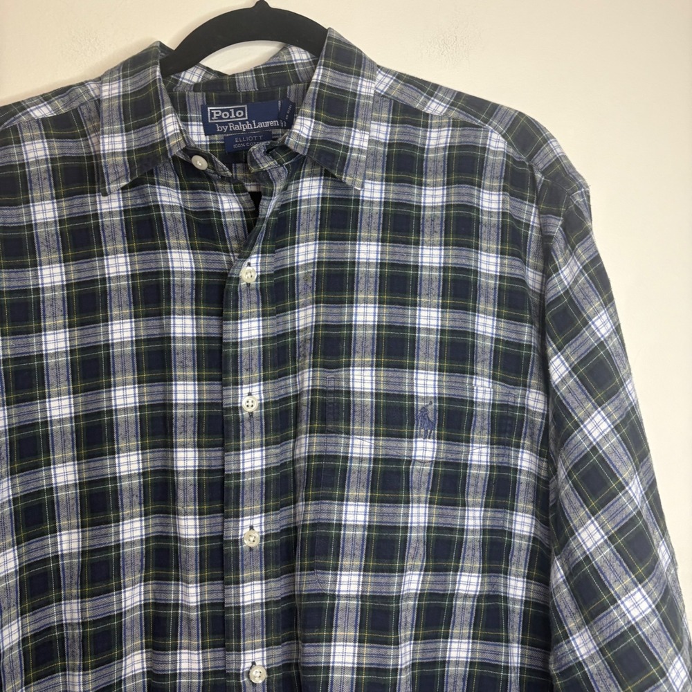 Polo Ralph Lauren Elliott Plaid Shirt L Green Navy 100% Cotton Long Sleeve